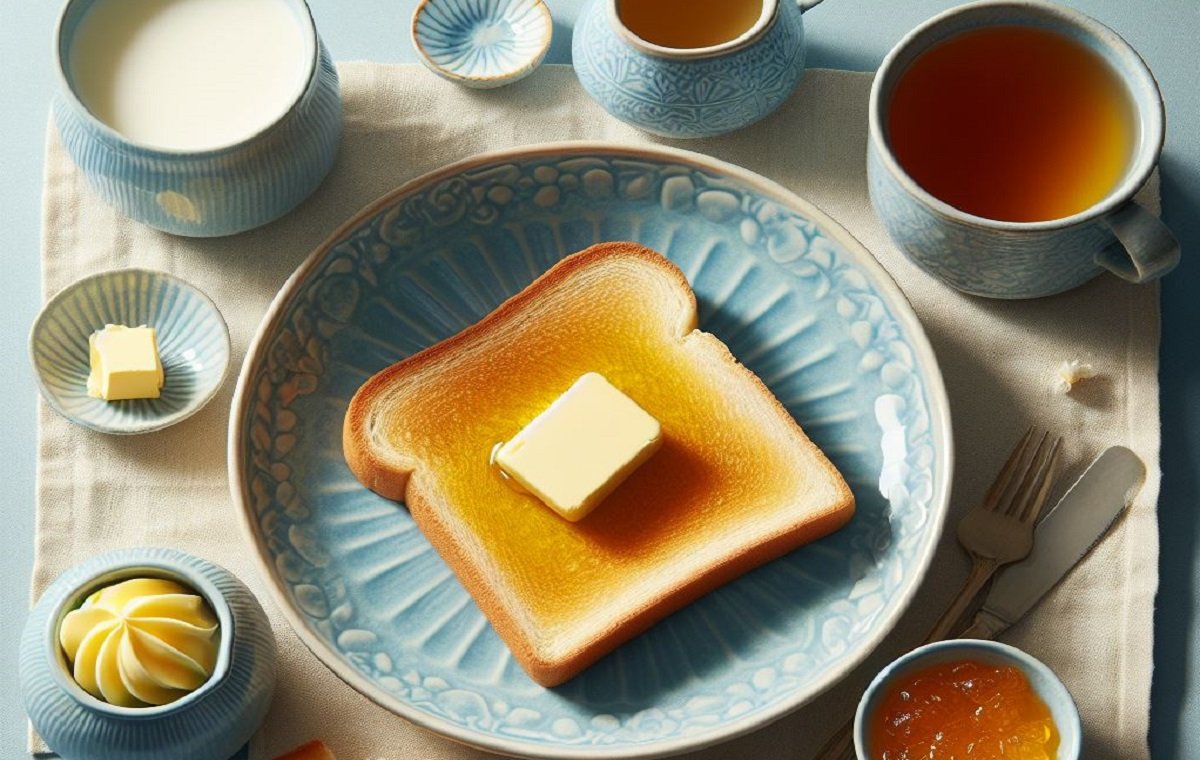 روی میز صبحانه کره، نان تست و مربای بهارنارنج برای صبحانه وجود دارد.