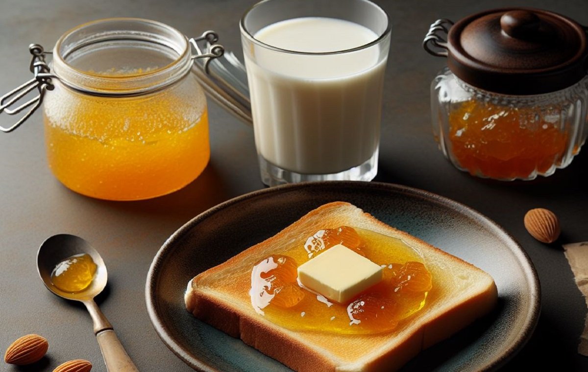 مقداری مربای بهارنارنج در یک کاسه شیشه ای روی میز صبحانه با شیر، کره و نان تست است.