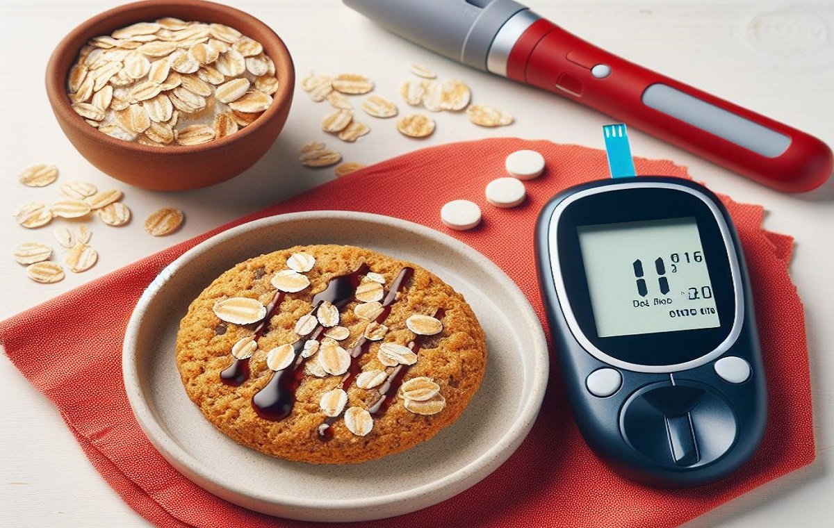 دستگاه تست قند خون و کیک جو و دانه های جو دوسر روی میز نشان می دهد که جو از دیابت جلوگیری می کند