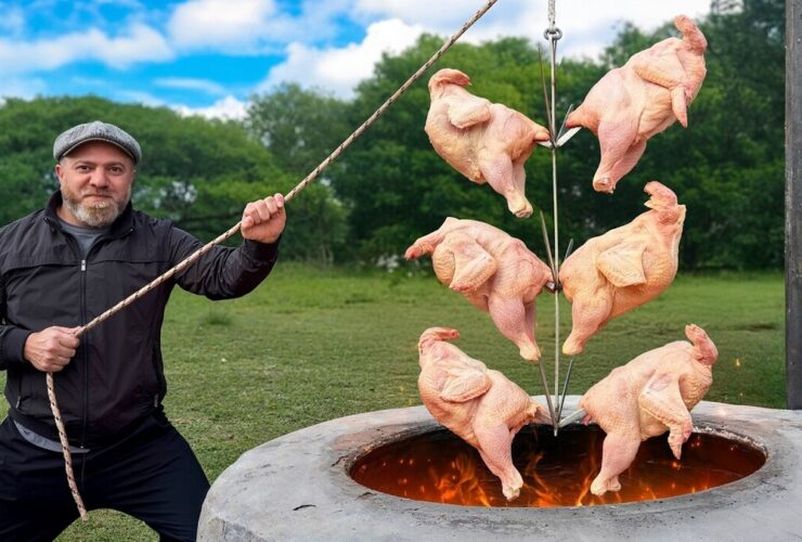 (ویدیو) غذای روستایی اوکراینی؛ کباب کردن متفاوت ۶ مرغ در تنور