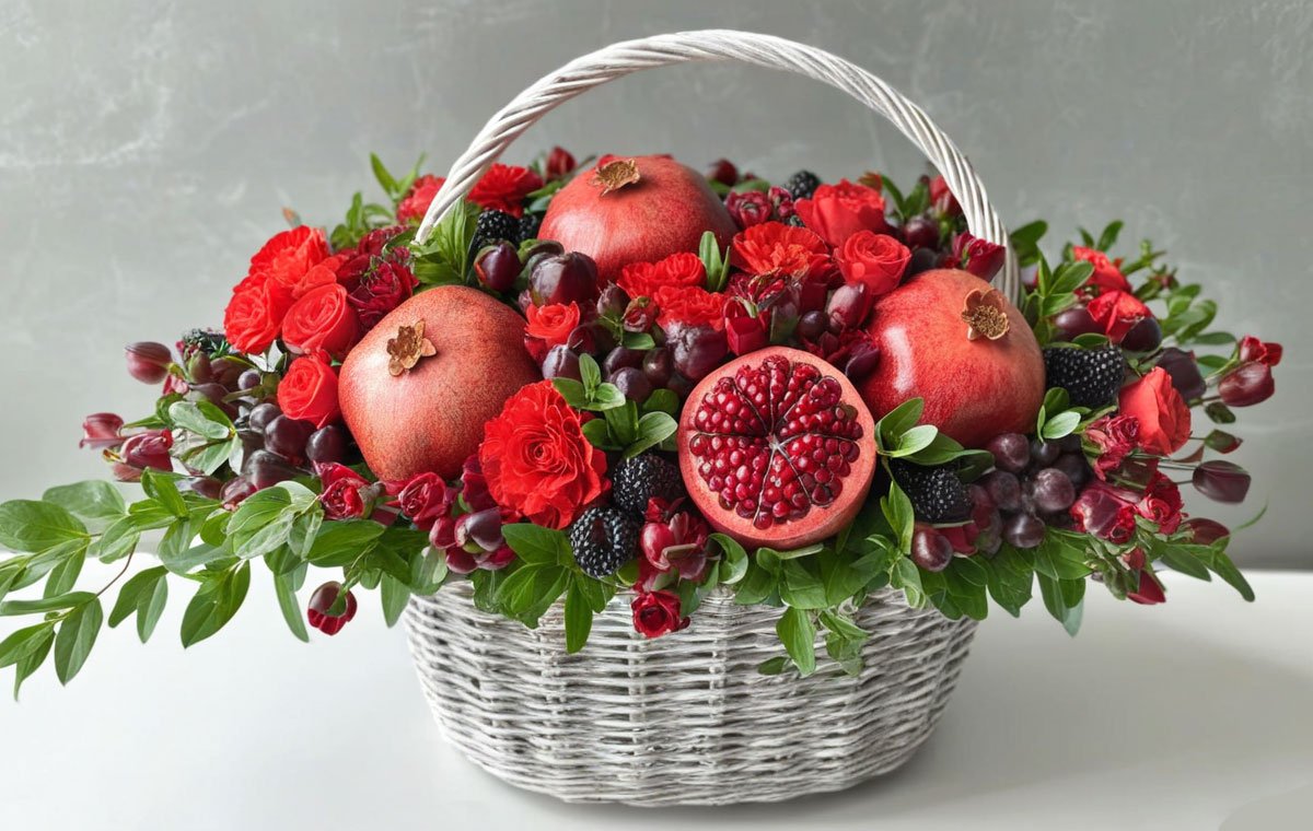 دکوراسیون انار عروس Yalda به شکل یک سبد گل 