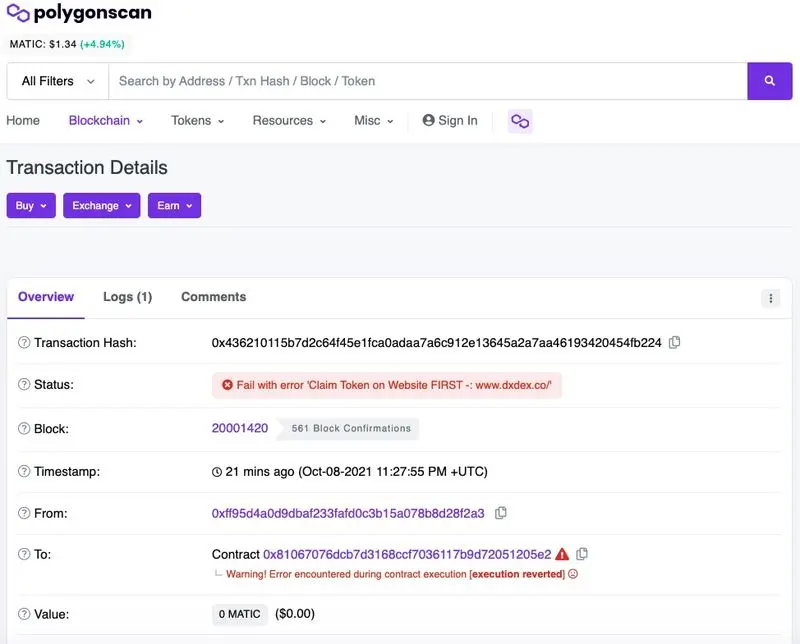 نمونه ای از بررسی تراکنش های جعلی سکه در اسکنر Polygon Scan