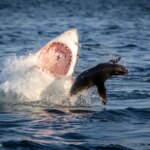 صحنه ای نادر و تکان دهنده از شکار فک توسط یک کوسه غول پیکر