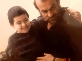 فتحعلی اویسی ۴۰ ساله در گیلان به همراه پسرش. سال 1364 / عکس