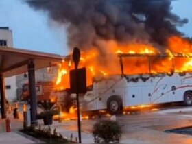 قطع خطوط ارتباطی رامسر باعث سوختن اتوبوس مسافربری شد