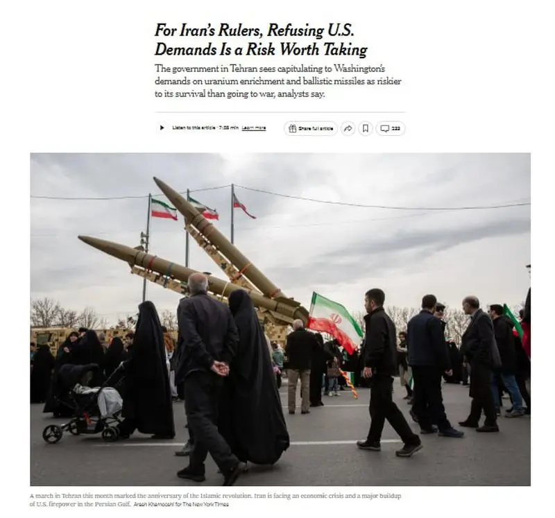 نیویورک تایمز: برای تهران، خطر جنگ کمتر از خطر تسلیم است 5 5