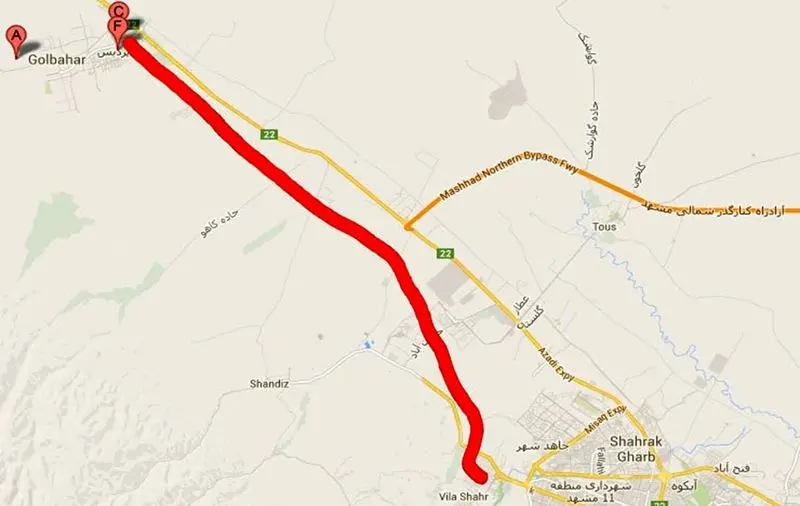 فاصله مشهد تا شهر جدید گلبهار