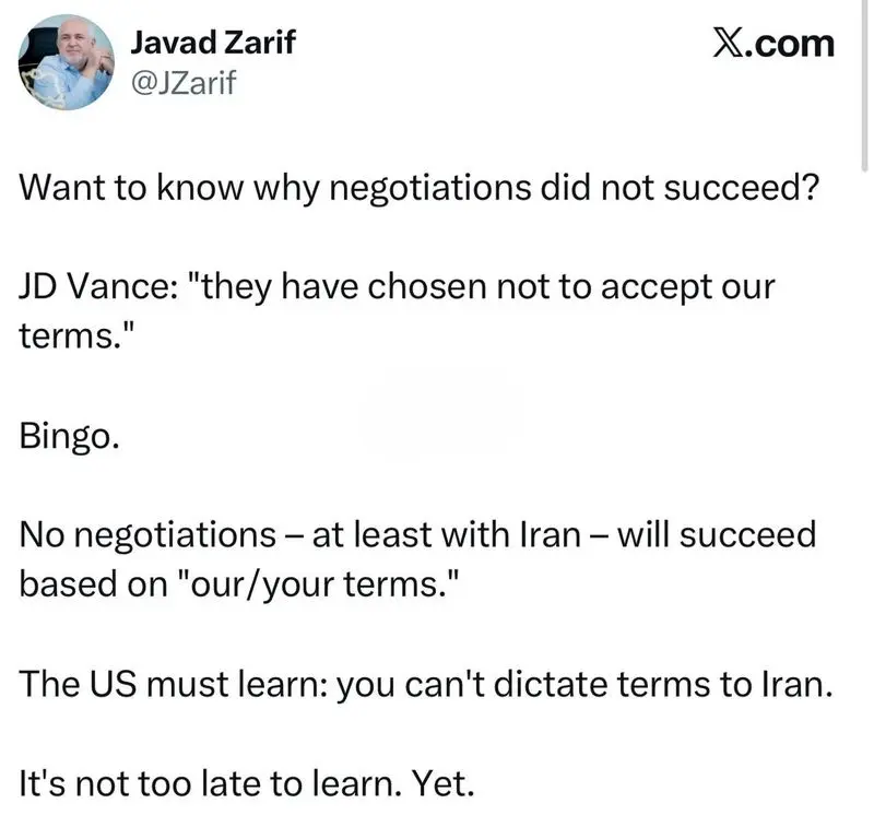 پیام ظریف درباره شکست مذاکرات اسلام آباد 5 توئیت محمد جواد ظریف