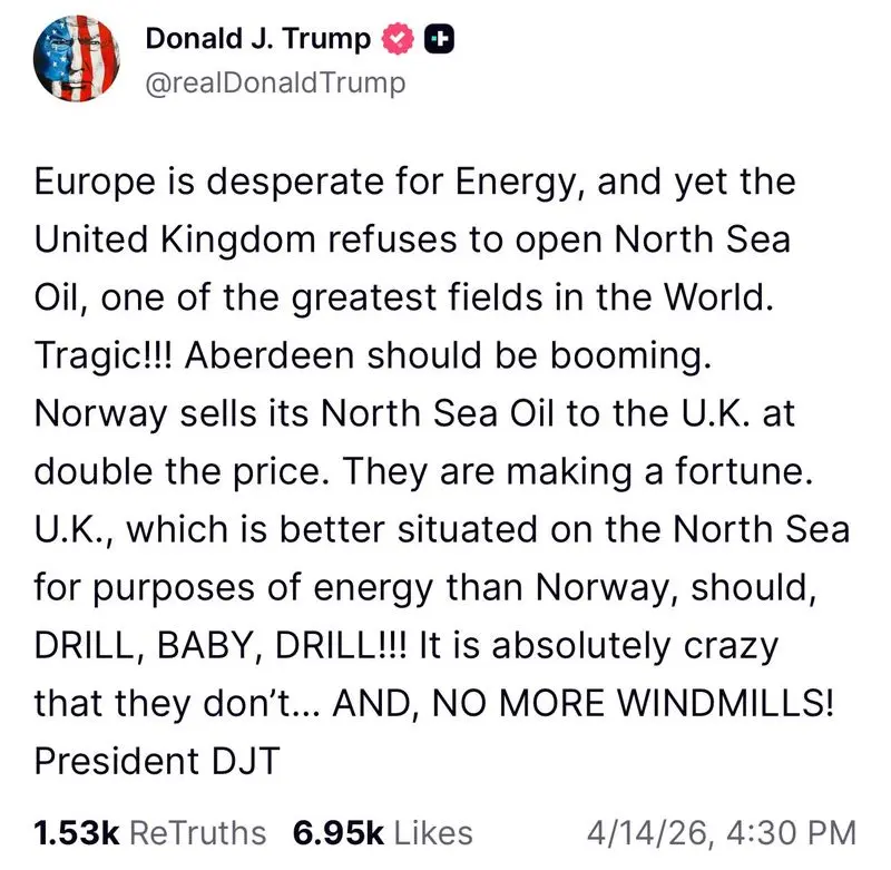 پست جدید ترامپ: اشاره به بحران انرژی، اشاره به انگلیس 4 اخگر