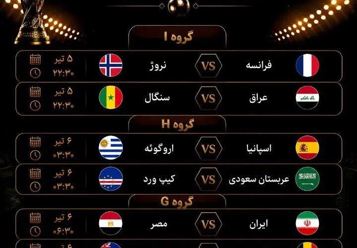 جام جهانی 2026 زمان بازی های مهم امشب؛ فرانسه-نروژ و اسپانیا-اروگوئه