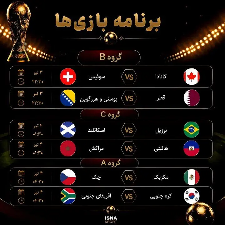 زمان بازی جام جهانی 2026 برزیل - اسکاتلند و کره جنوبی - آفریقای جنوبی